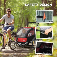 HOMCOM 2 Seat Bike Trailer with 5 Point Harness, Baby Bike Stroller with Safety Flag, Reflectors, for 18+ Months, Red(m-8)