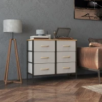 HOMCOM Fabric Chest of Drawers, Industrial Bedroom Dresser with 6 Fabric Drawers, Steel Frame and Wooden Top for Nursery, Living Room, Hallway, Cream White(m-7)