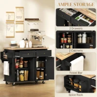HOMCOM Rolling Kitchen Island Storage Trolley with Rubber Wood Top & Drawers for Dining Room, Black(m-6)