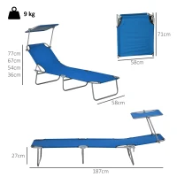 Outsunny Folding Sun Lounger Set of 2 with Canopy, Reclining Sunbed with 4-Position Adjustable Backrest, 600D Oxford Cloth, Portable Garden Lounger Recliner Chair for Beach, Camping, Patio, Blue(m-3)