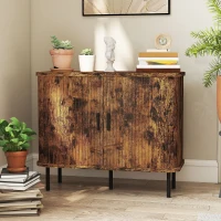 HOMCOM Mid-Century Modern Sideboard Storage Cabinet with Slatted Tambour Sliding Doors, Kitchen Cabinet with Steel Legs, Rustic Brown(m-9)