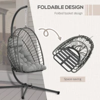 Outsunny Outdoor PE Rattan Swing Chair with Foldable Basket and Cushion, Garden Patio Hanging Egg Chair with Metal Stand, Headrest for Indoor and Outdoor, Light Grey(m-4)