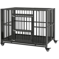 PawHut 43" Heavy Duty Dog Crate, Foldable Dog Cage, with Openable Top, Locks, Removable Tray, Wheels - Black(m-11)