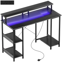 HOMCOM LED Computer Desk, with Power Outlets and Shelves - Carbon Fibre Grey(m-1)