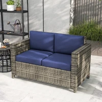 Outsunny Rattan Sofa, 2 Seater Garden Furniture with Soft Padded Cushion and Armrests, Wicker Garden Loveseat for Patio, Navy Blue(m-8)