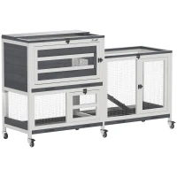 PawHut Wooden Rabbit Hutch w/ Run, 2-Tier Guinea Pig Hutch with Run, Wheels, 3 Plastic Trays, 2 Openable Tops, for 2-3 Rabbits(m-11)