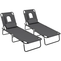 Outsunny Folding Sun Loungers Set of 2 with Face Hole, 4-Position Adjustable Backrest Garden Recliner Chairs Sunbeds, Outdoor Lounge Chairs with 600 D Oxford Cloth Seat, Pillow for Beach, Dark Grey(m-1)
