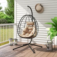 Outsunny Hanging Egg Chair Outdoor Indoor Garden Swing Chair with Folding Basket, Thickened Cushion, Garden Hanging Chair with Stand, Headrest for Patio, Balcony, Khaki(m-9)