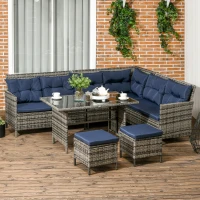Outsunny 7-Seater Patio wicker Sofa Set Rattan Chair Furniture w/ Glass & Cushioned, Dark Blue(m-2)