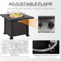 Outsunny Square Propane Gas Fire Pit Table, 50000 BTU Rattan Smokeless Firepit Patio Heater with Glass Screen, Glass Beads and Lid, 81cm x 81cm x 64cm, Black(m-6)