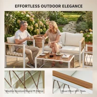 Outsunny 4 Piece Rattan Garden Furniture Set with Loveseat, 2 Armchairs, Table, Metal Frame Patio Conversation Set, Cream White(m-7)