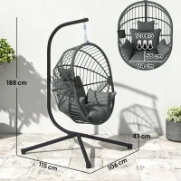 Outsunny Poltrona Sospesa a Uovo con Cuscino Imbottito e Cesto Pieghevole, 120x106x188 cm, Grigio(m-3)