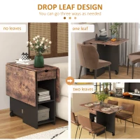 HOMCOM Folding Dining Table, Drop Leaf Table for Small Spaces, Foldable Table with Drawer and Storage Shelves for Kitchen, Dining Room, Rustic Brown(m-5)