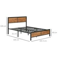 HOMCOM Industrial Double Bed Frame, 5FT Steel Bed Base with Headboard, Footboard, Slatted Support and Under Bed Storage, 142 x 195cm, Rustic Brown(m-3)