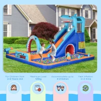 Outsunny 6 in 1 Shark-Themed Bouncy Castle, Inflatable Water Park, with Slide, Pool, Trampoline, Blower, for Ages 3-8 Years(m-5)