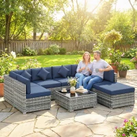 Outsunny 8 Pieces PE Rattan Corner Sofa Set, Outdoor Garden Furniture Set, Patio Wicker Sofa Seater w/ Cushion, Dark Blue(m-2)