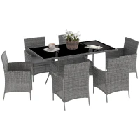 Outsunny 7-Piece Rattan Garden Furniture Set with Cushions, 6 Seater Garden Table and Chairs, Rattan Dining Set with 6 Armchairs, Rectangular Glass Top Table, Charcoal Grey(m-10)