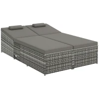 Outsunny 2 Seater Rattan Day Bed w/ Fire Retardant Cushions Grey(m-10)