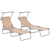 Outsunny Folding Sun Lounger Set of 2 with Canopy, Reclining Sunbed with 4-Position Adjustable Backrest, 600D Oxford Cloth, Portable Garden Lounger Recliner Chair for Beach, Camping, Patio, Sand(m-10)