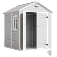 Outsunny 6 x 5ft Garden Shed, Plastic Shed with Floor, Window, Lockable Doors and Vents, Wood Effect Resin Tool Shed for Outdoor Patio, Light Grey(m-10)