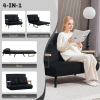 HOMCOM 4-in-1 Velvet-Feel Double Sofa Bed, with Pillows - Black(m-4)