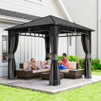 Outsunny Pavillon 3 x 3 m Wasserdicht Stabil Winterfest Gartenpavillon mit Seitenteile, Netze, Haken Hardtop Dunkelgrau(m-2)