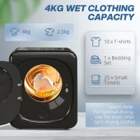 HOMCOM 4kg Vented Tumble Dryer with Deodorize, Smart Mode, 800W Compact Tumble Dryer with Stainless Steel Tub, Front Load, for Flat, Home, RVs, Black(m-5)