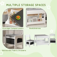 HOMCOM Three-Piece Kids Table and Chair Set with Blackboard, Storage, Bookshelves - Grey(m-6)