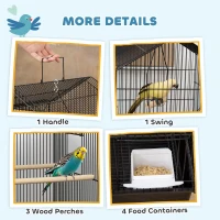 PawHut Metal Bird Cage with Plastic Swing, Perch, Food Container, Tray, Handle, for Finches, Canaries, 43 x 32.5 x 104cm(m-4)