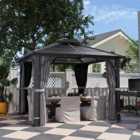 Outsunny 3 x 3(m) Hardtop Gazebo Canopy with 7mm Polycarbonate Double-Tier Roof, Garden Gazebo Permanent Pavilion with Mosquito Netting and Curtains for Patio, Terrace, Dark Grey(m-2)