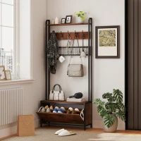 HOMCOM 5-In-1 Industrial-Style Hallway Tree - Brown/Black(m-2)