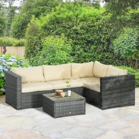 Outsunny 3 Pieces PE Rattan Garden Furniture Set with 10 cm Thick Cushions, 4 Seater Garden Corner Sofa Set with Glass Top Coffee Table, Outdoor Furniture for Patio, Porch, Beige(m-2)