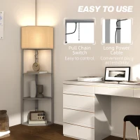 HOMCOM Corner Floor Lamp with Shelves, Tall Standing Lamps for Living Room, with Pull Chain Switch Bulb not Included, Grey(m-6)