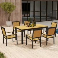 Outsunny 6 Seater Garden Dining Set with Stackable Chairs, Aluminium Frame, Rectangular Plastic Top, Garden Furniture Set, Outdoor Dining Table and Chairs for Patio, Balcony, Poolside, Nature Wood(m-8)