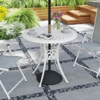 Outsunny 78 cm Round Garden Dining Table with Parasol Hole Antique Cast Aluminium Outdoor Table Only, White(m-2)
