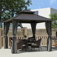 Outsunny 3 x 3(m) Hardtop Gazebo Canopy with Metal Roof, Waterproof Permanent Pavilion Garden Gazebo with Netting, Curtains, Grey(m-2)