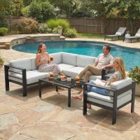 Outsunny 5-Piece Garden Corner Sofa Set with Cushions, 6 Seater Aluminium Garden Furniture Set with Coffee Table, Light Grey(m-9)