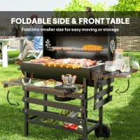 Outsunny Charcoal BBQ Grill with Foldable Front Side Shelf, Portable Barbecue Smoker with Warming Rack, Bottom Shelf, Lid, Temperature Gauge, Wheels for Outdoor Cooking Garden Party, Black(m-7)