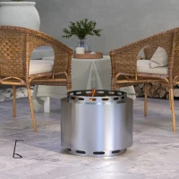 Outsunny Smokeless Fire Pit, 48.5cm Portable Wood Burning Firepit with Poker for Garden Camping Bonfire Party, Stainless Steel, Silver(m-2)
