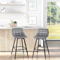 HOMCOM Set di 2 Sgabelli da Bar Effetto Velluto, Seduta Imbottita in Tessuto con Gambe in Metallo e Schienale, Grigio(m-2)