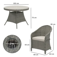 Outsunny 4 Seater Rattan Garden Furniture Set with Cushions, Round PE Rattan Dining Set with Glass-Top Table, Umbrella Hole, Outdoor Garden Table and Chairs, Grey(m-3)