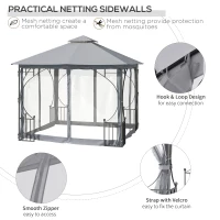Outsunny 3 x 3m Garden Gazebo Patio Party Tent Shelter Outdoor Canopy Double Tier Sun Shade with Metal Frame and Netting, Light Grey(m-6)