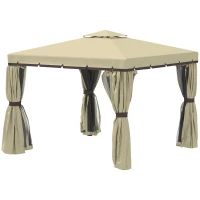 Outsunny 3 x 3(m) Patio Gazebo Canopy Garden Pavilion Tent Shelter with 2 Tier Water Repellent Roof, Mosquito Netting and Curtains, Aluminium Frame, Beige(m-8)