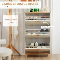 HOMCOM Narrow Shoe Cabinet, Slim Shoe Storage Cabinet with 3 Flip Drawers and Adjustable Shelves, 12 Pair of Shoes Organizer for Hallway, Entryway, Cream White(m-4)