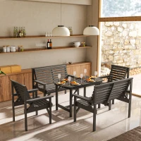 Outsunny 5 Piece Wooden Garden Dining Set for 6, Outdoor Conversation Set with 2 Armchairs, 2 Loveseats and Dining Table with Umbrella Hole for Patio, Balcony, Grey(m-7)