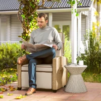 Outsunny 145° Reclining Rattan Armchair, with Footrest - Khaki/Beige(m-2)