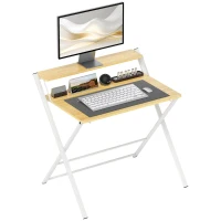 HOMCOM Compact Folding Desk for Small Spaces, Foldable Computer Desk with Storage Shelf for Home Office, 2-Tier Study Writing Table, 86 x 66 x 82 cm, Maple Wood-effect(m-10)