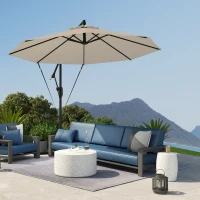Outsunny 3(m) Garden Cantilever Parasol with Cover and Wind Protection Strap, Round Overhanging Umbrella with Crank Handle and Tilt, Banana Patio Umbrella for Outdoor Sun Shade, UPF50+, Khaki(m-2)