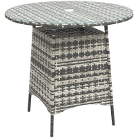 Outsunny Wicker Garden Rattan Table, Patio Furniture Outdoor Coffee Table with Umbrella Hole and Tempered Glass Top, Grey(m-1)