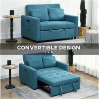 HOMCOM Loveseat Sofa Bed, Convertible Bed Settee with 2 Pillows, Side Pockets, Blue(m-4)